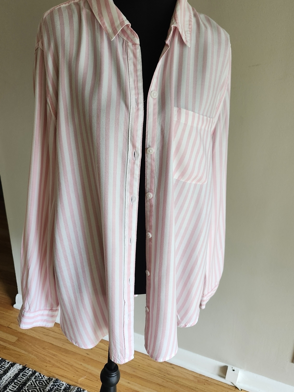 Womens Pink & White Striped Casual Button-Down Shirt